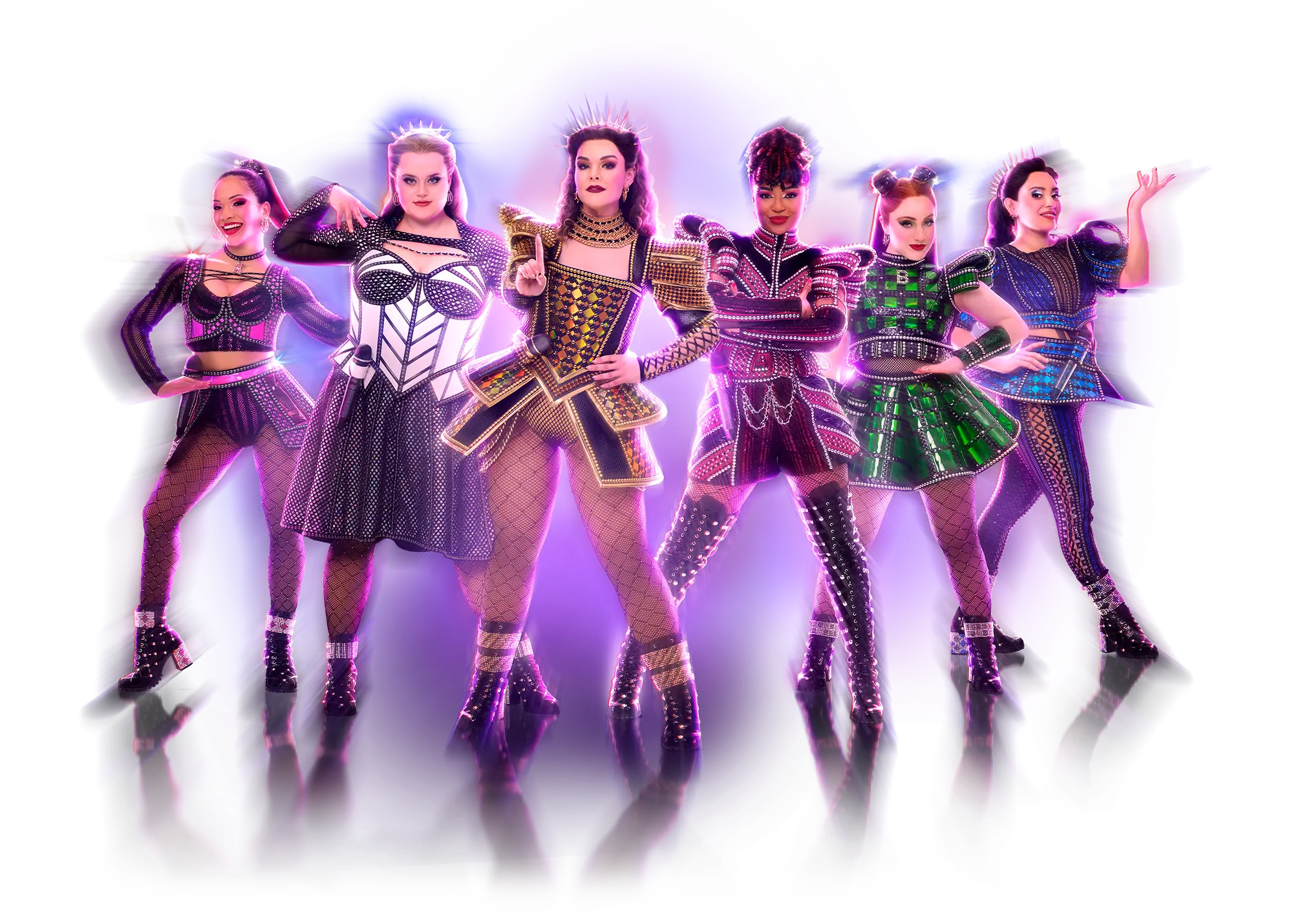 SIX the Musical key art with the six Tudor Queens posed in jewelled costumes under purple and pink glow
